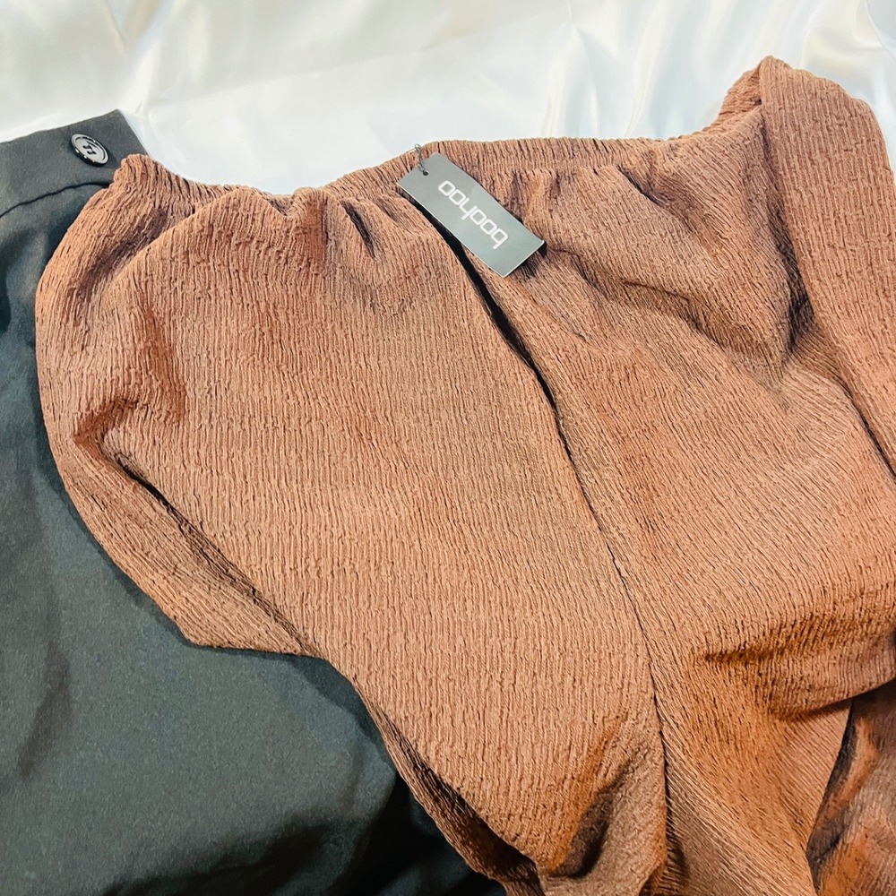 Boohoo Brown Textured Wide Leg Pants Elastic Waist Lounge Comfort Size 12 BUNDLe